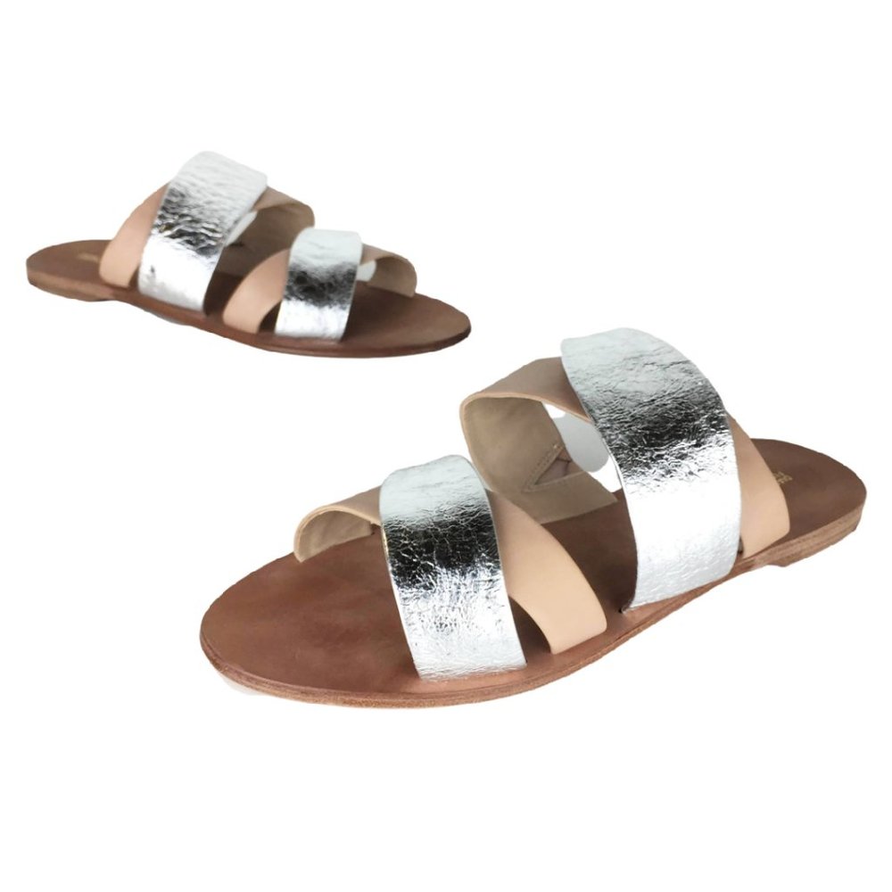Diane Von Furstenberg Silver and Tan Flat Slide Sandals